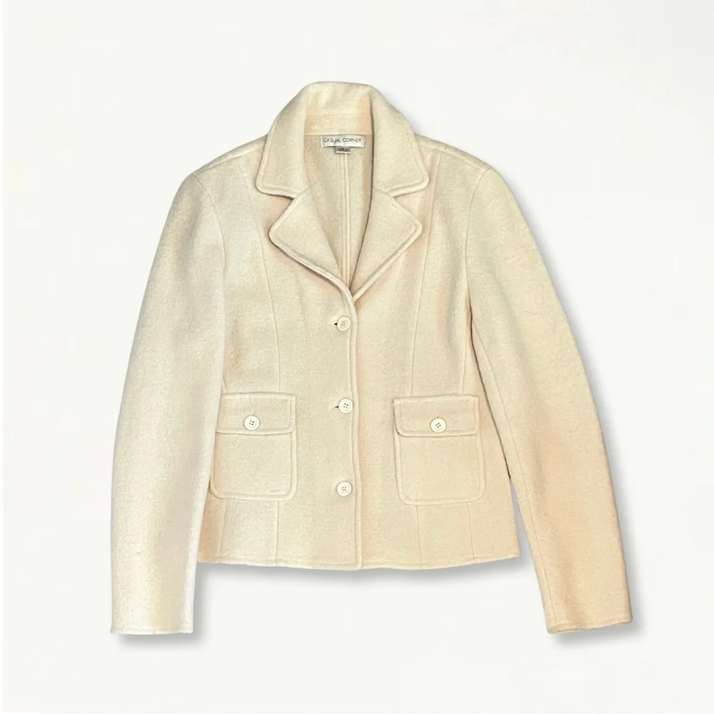 Vintage Casual Corner Neutral Cream Textured 100% Wool Staple Jacket Blazer - Picture 8 of 13